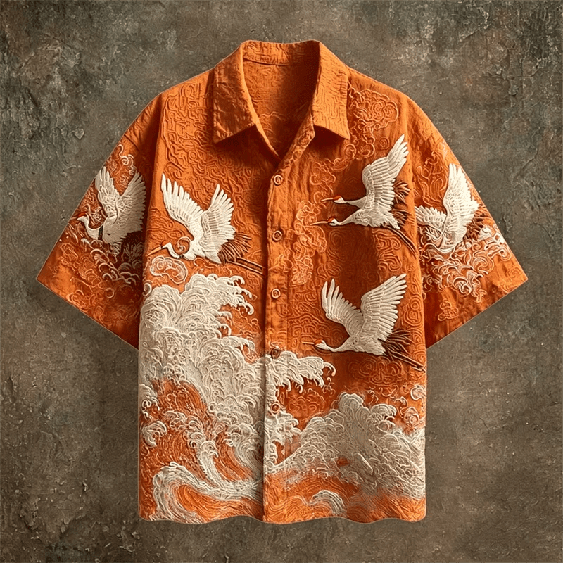Embossed Flying Crane and Wave Printing Casual Short Sleeved Shirt - Pendo Store