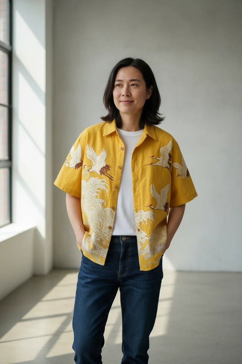 Embossed Flying Crane and Wave Printing Casual Short Sleeved Shirt - Pendo Store