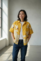 Embossed Flying Crane and Wave Printing Casual Short Sleeved Shirt - Pendo Store