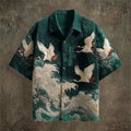 Embossed Flying Crane and Wave Printing Casual Short Sleeved Shirt - Pendo Store