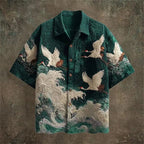 Embossed Flying Crane and Wave Printing Casual Short Sleeved Shirt - Pendo Store