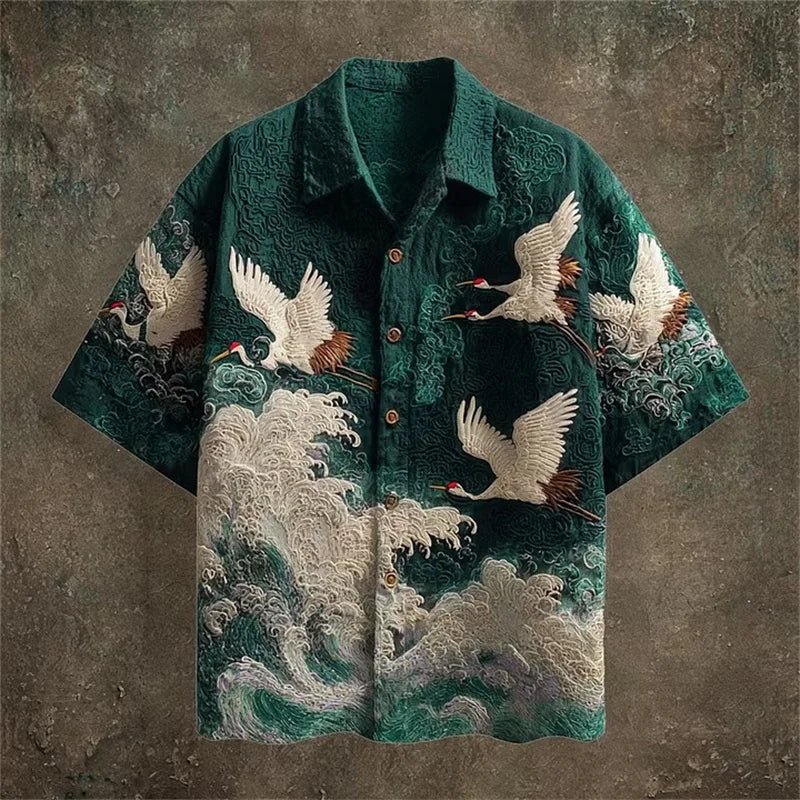 Embossed Flying Crane and Wave Printing Casual Short Sleeved Shirt - Pendo Store