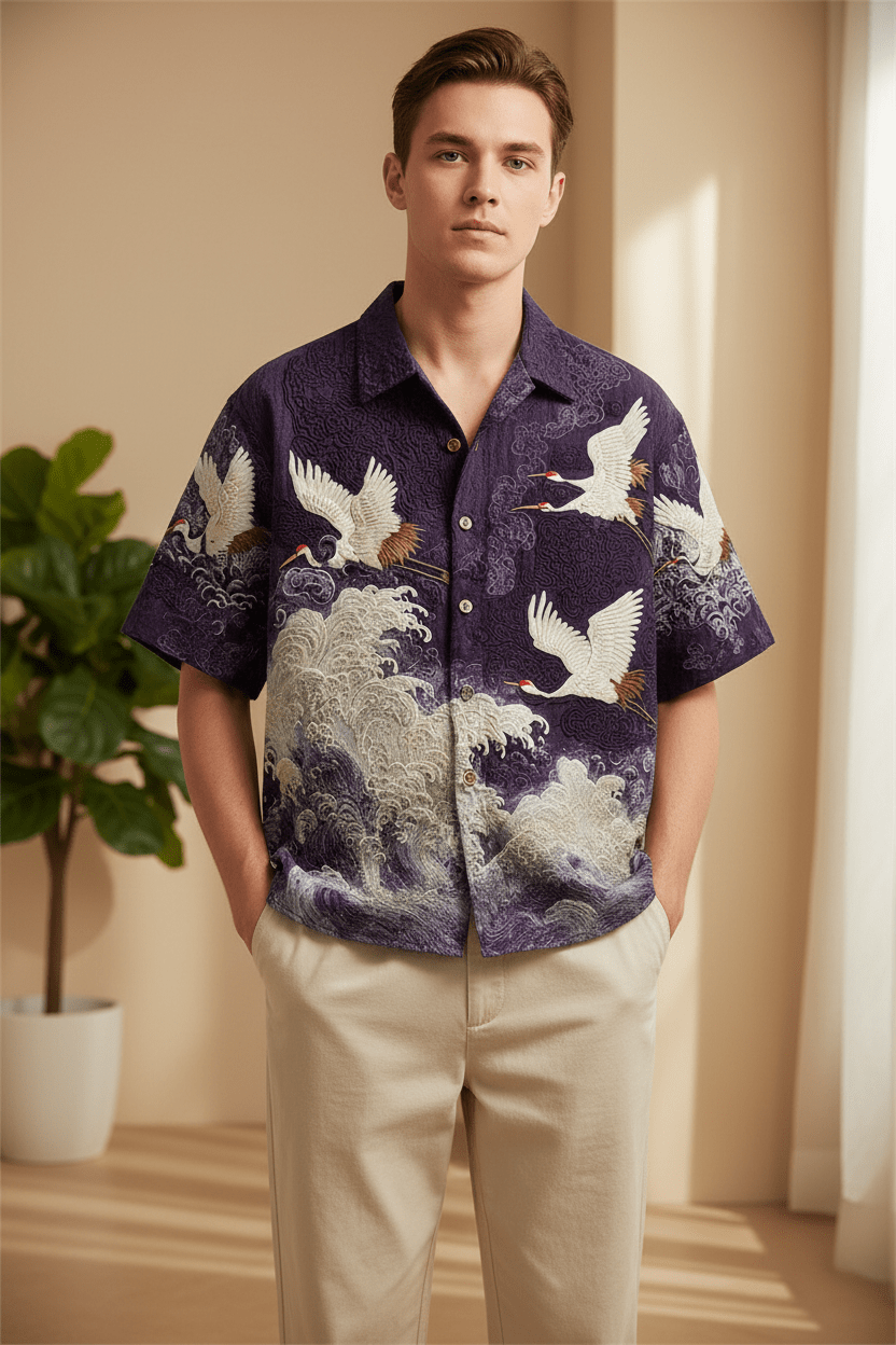 Embossed Flying Crane and Wave Printing Casual Short Sleeved Shirt - Pendo Store