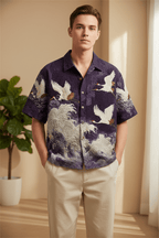 Embossed Flying Crane and Wave Printing Casual Short Sleeved Shirt - Pendo Store