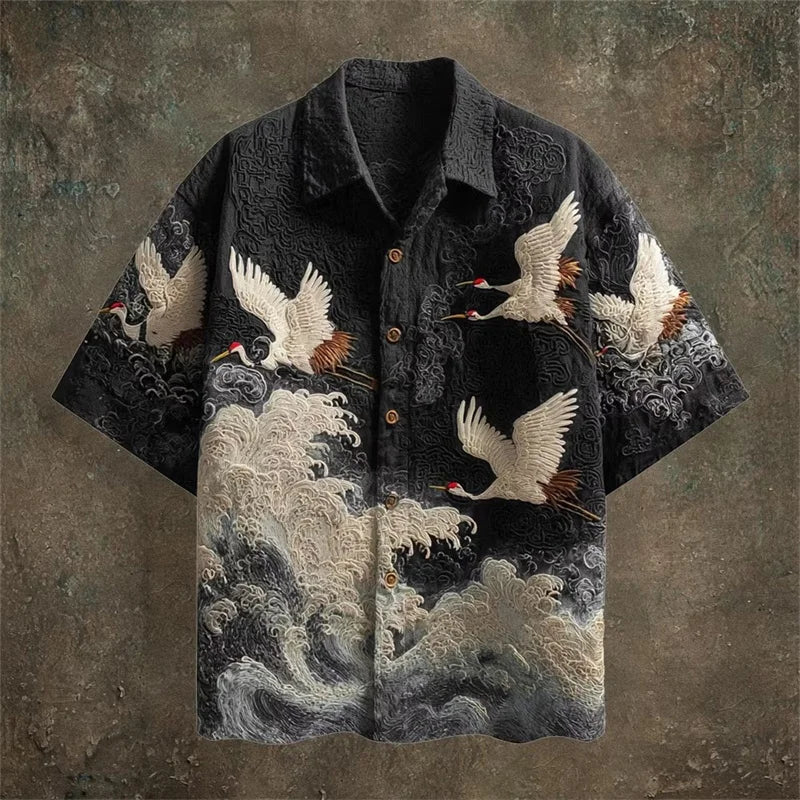 Embossed Flying Crane and Wave Printing Casual Short Sleeved Shirt - Pendo Store