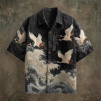 Embossed Flying Crane and Wave Printing Casual Short Sleeved Shirt - Pendo Store