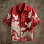 Embossed Flying Crane and Wave Printing Casual Short Sleeved Shirt - Pendo Store