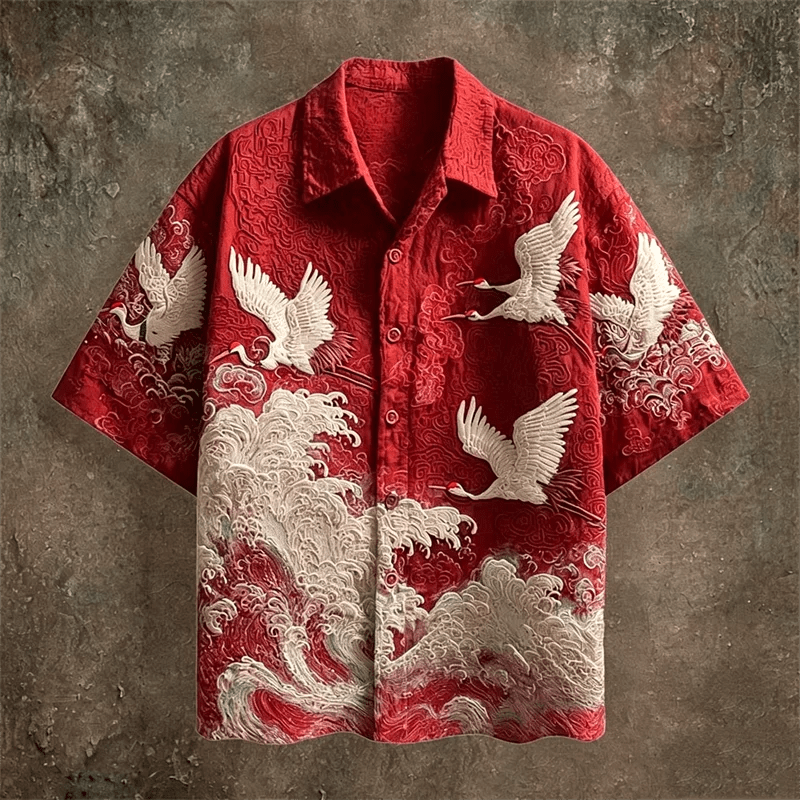 Embossed Flying Crane and Wave Printing Casual Short Sleeved Shirt - Pendo Store
