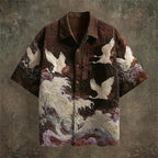 Embossed Flying Crane and Wave Printing Casual Short Sleeved Shirt - Pendo Store