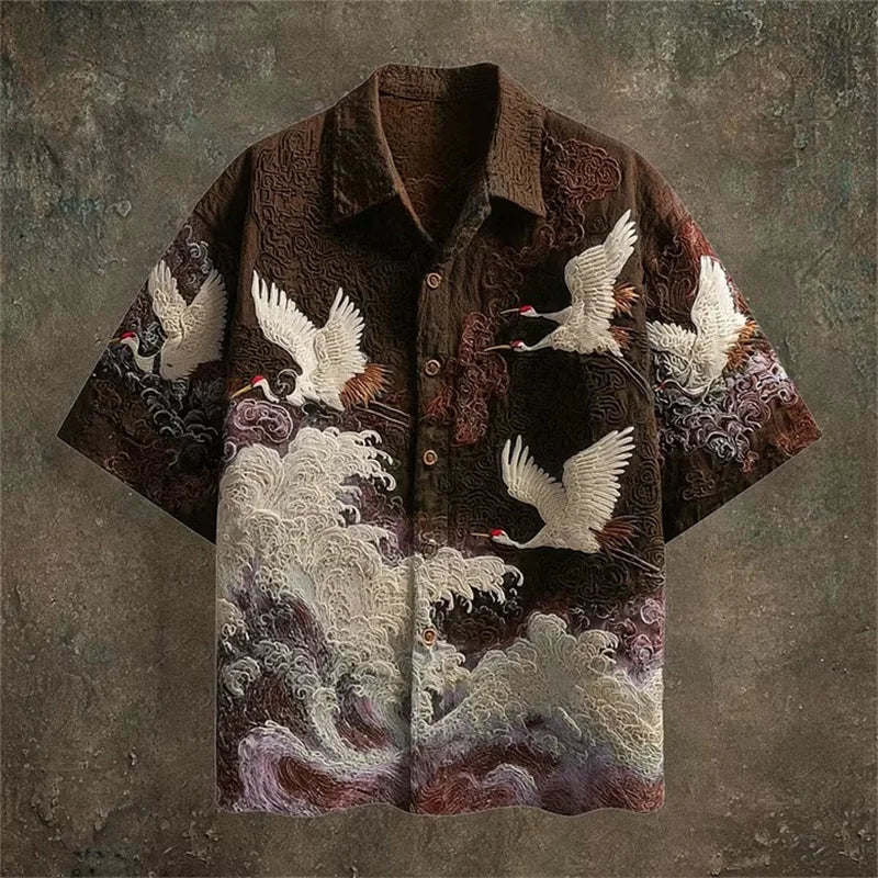 Embossed Flying Crane and Wave Printing Casual Short Sleeved Shirt - Pendo Store