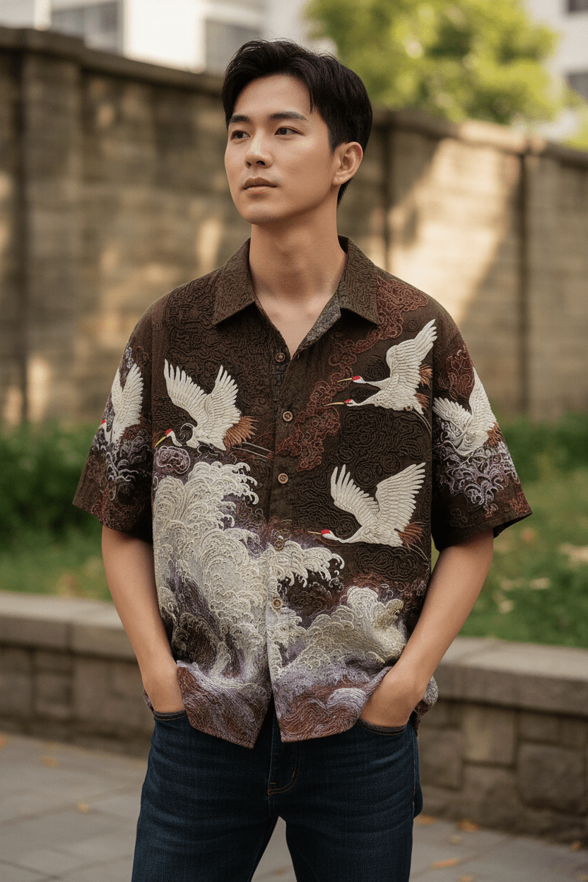 Embossed Flying Crane and Wave Printing Casual Short Sleeved Shirt - Pendo Store