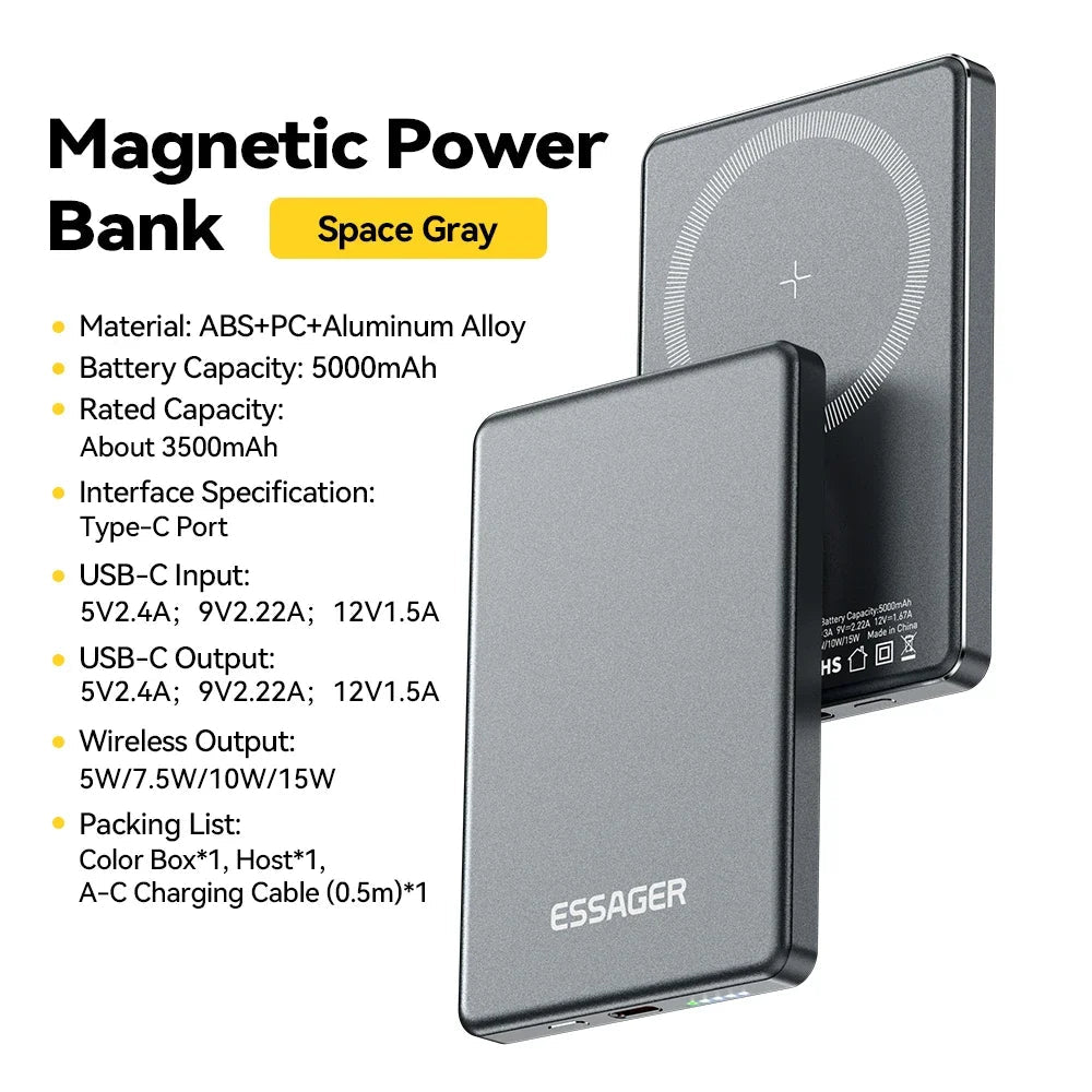 Essager Thin Wireless Power Bank Magnetic 20W 5000mAh Portable Fast Charging External Battery for Magsafe For iPhone 17 16 15 14 - Pendo Store