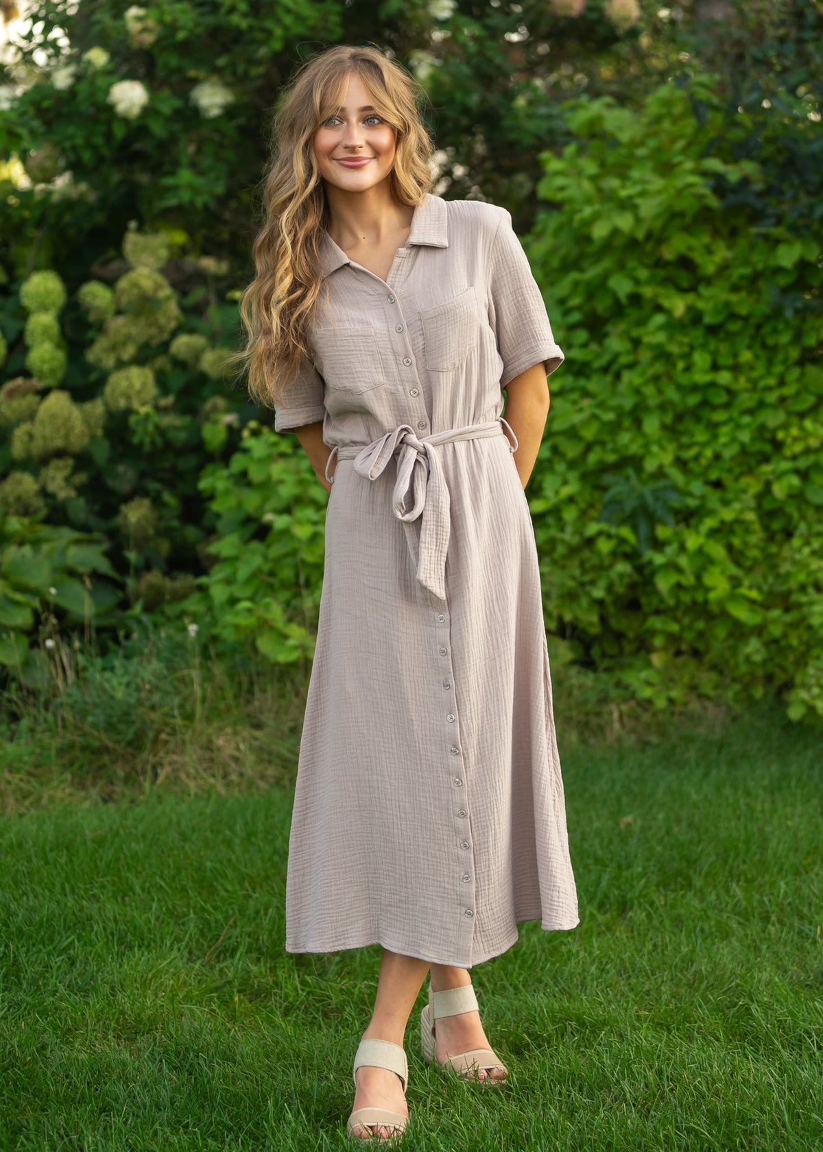 Essential Taupe Short Sleeve Gauze Shirt Dress - Pendo Store