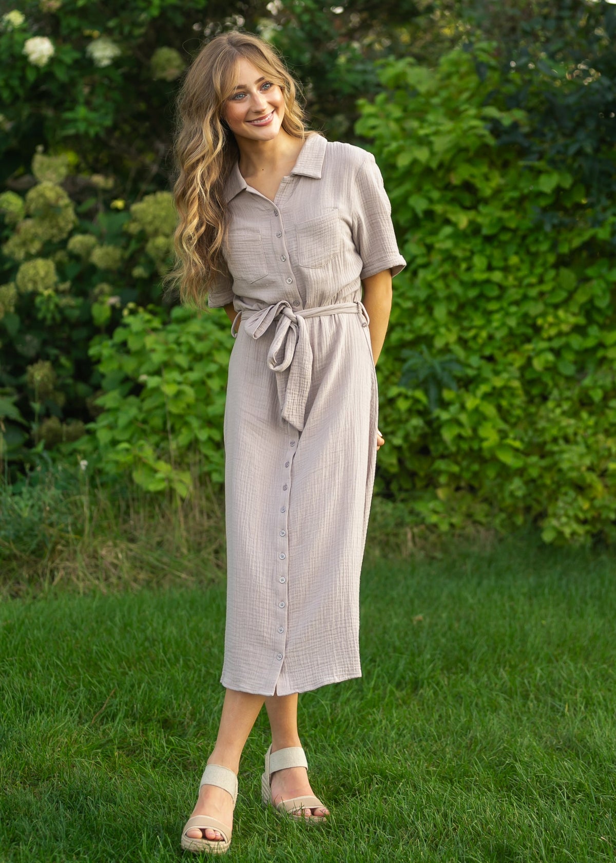 Essential Taupe Short Sleeve Gauze Shirt Dress - Pendo Store