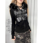 Black Gothic Grunge Fur Hooded Jacket