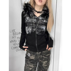 Black Gothic Grunge Fur Hooded Jacket