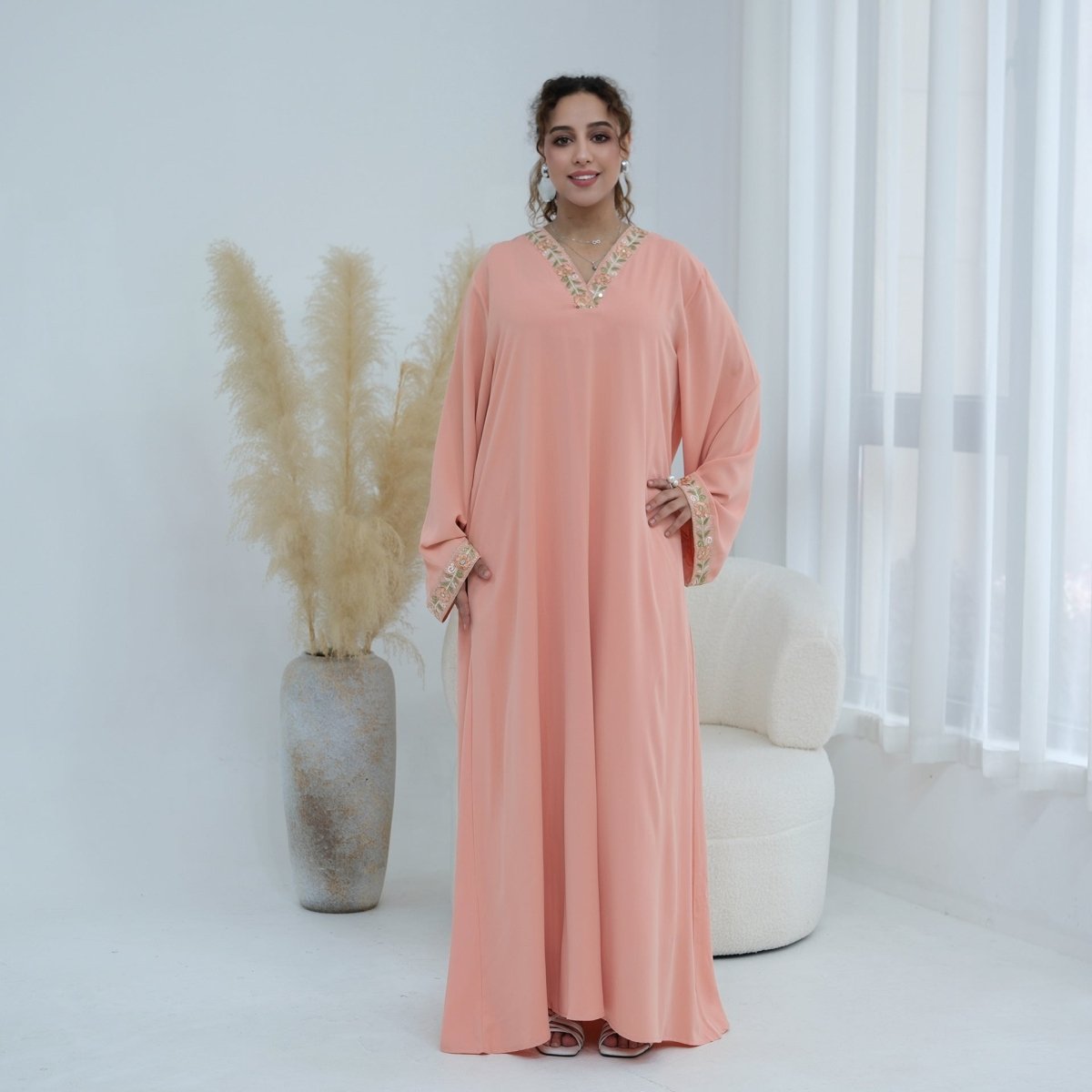 Floral Embroidered V-Neck Nida Maxi Dress(MA448) - Pendo Store
