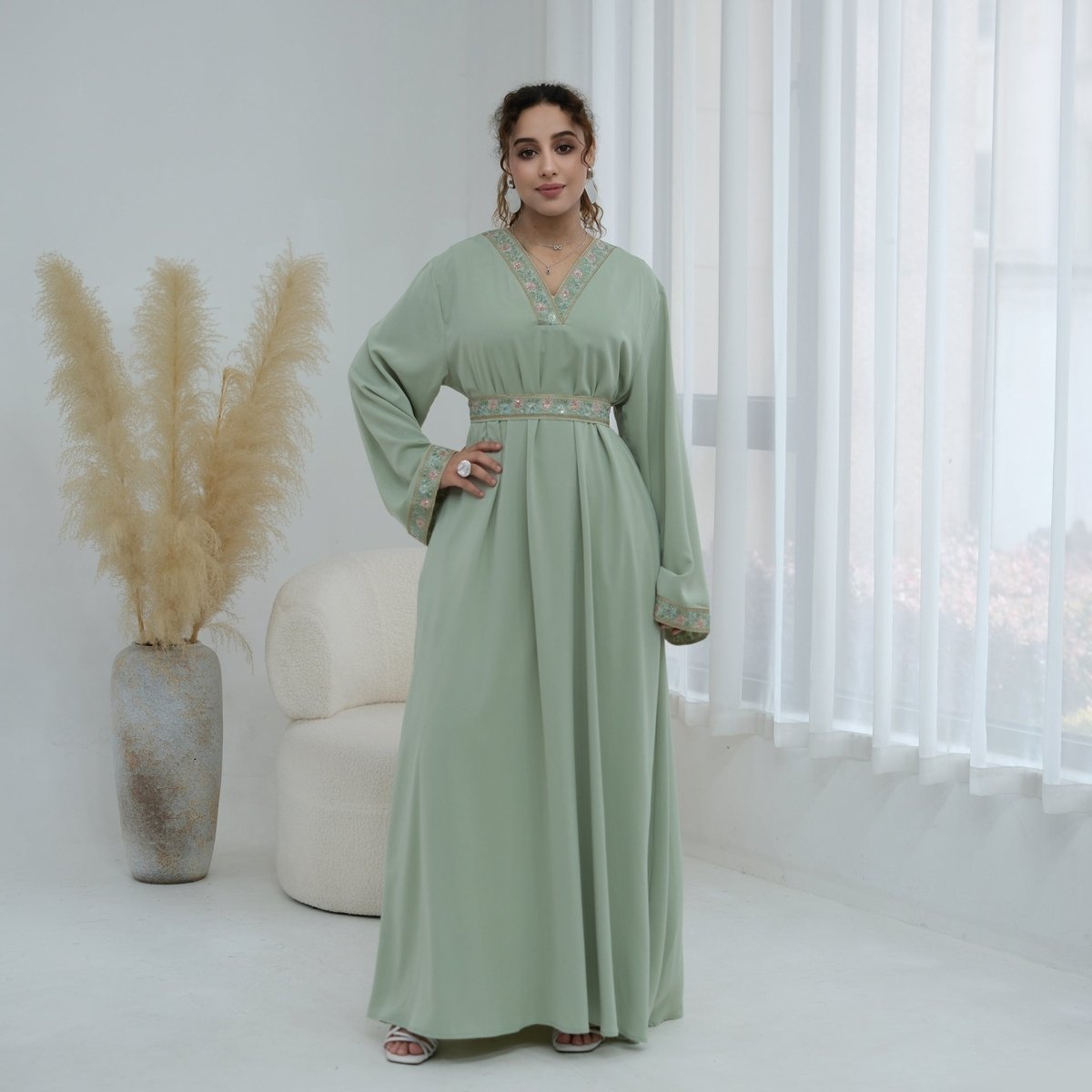 Floral Embroidered V-Neck Nida Maxi Dress(MA448) - Pendo Store