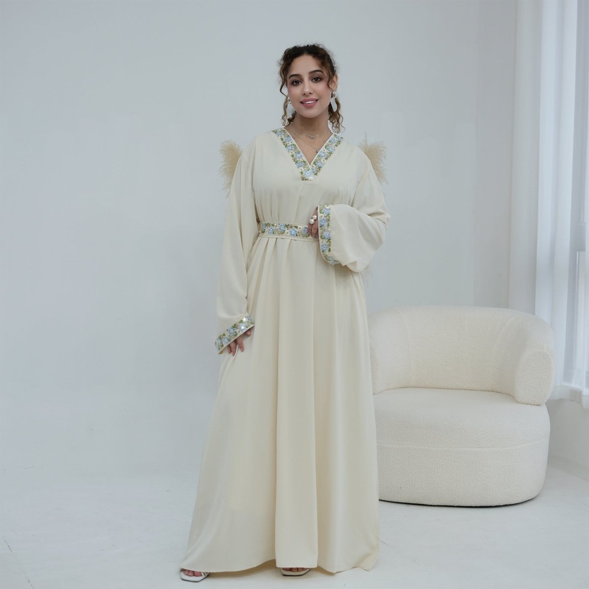 Floral Embroidered V-Neck Nida Maxi Dress(MA448) - Pendo Store