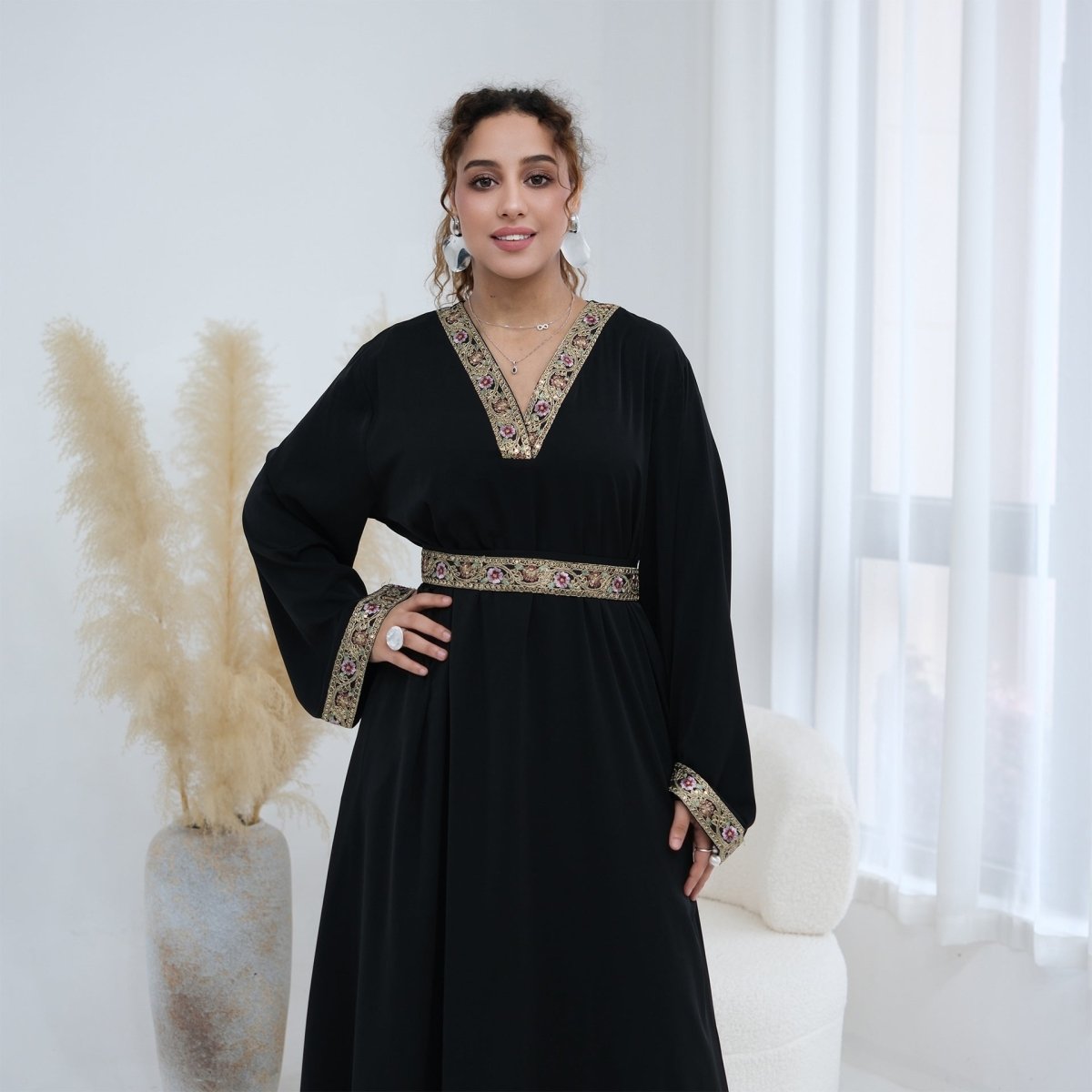 Floral Embroidered V-Neck Nida Maxi Dress(MA448) - Pendo Store