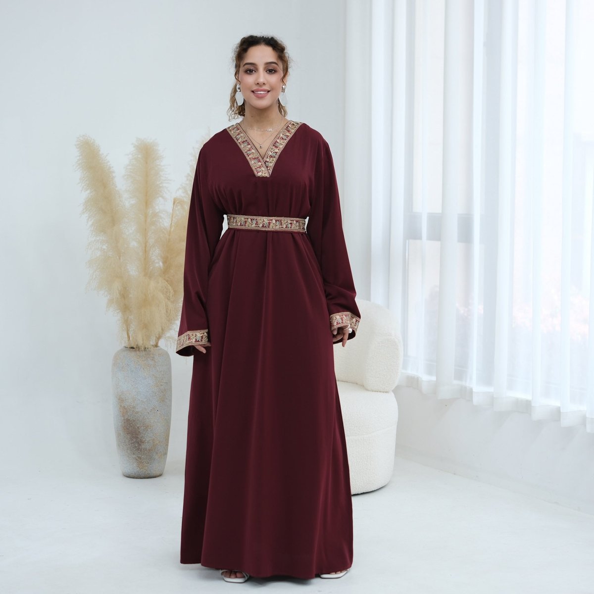 Floral Embroidered V-Neck Nida Maxi Dress(MA448) - Pendo Store