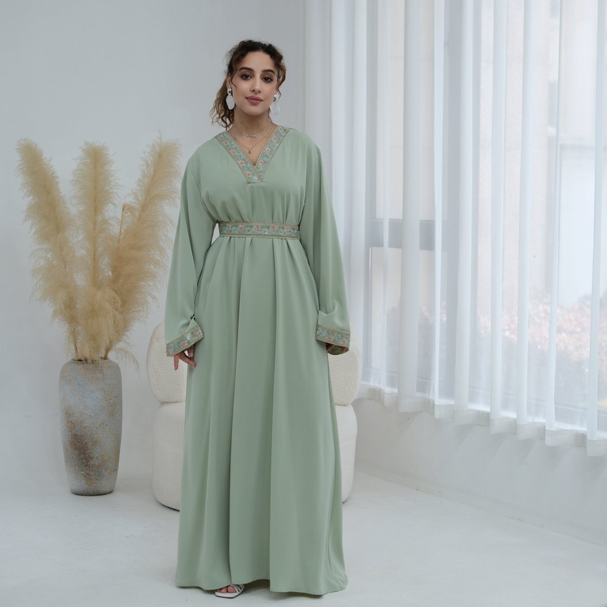 Floral Embroidered V-Neck Nida Maxi Dress(MA448) - Pendo Store