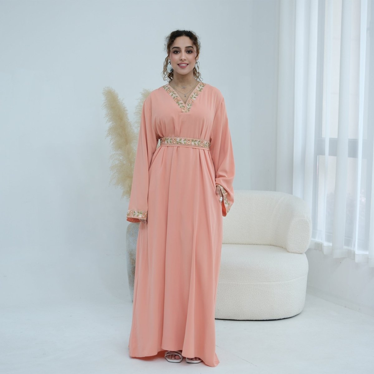 Floral Embroidered V-Neck Nida Maxi Dress(MA448) - Pendo Store