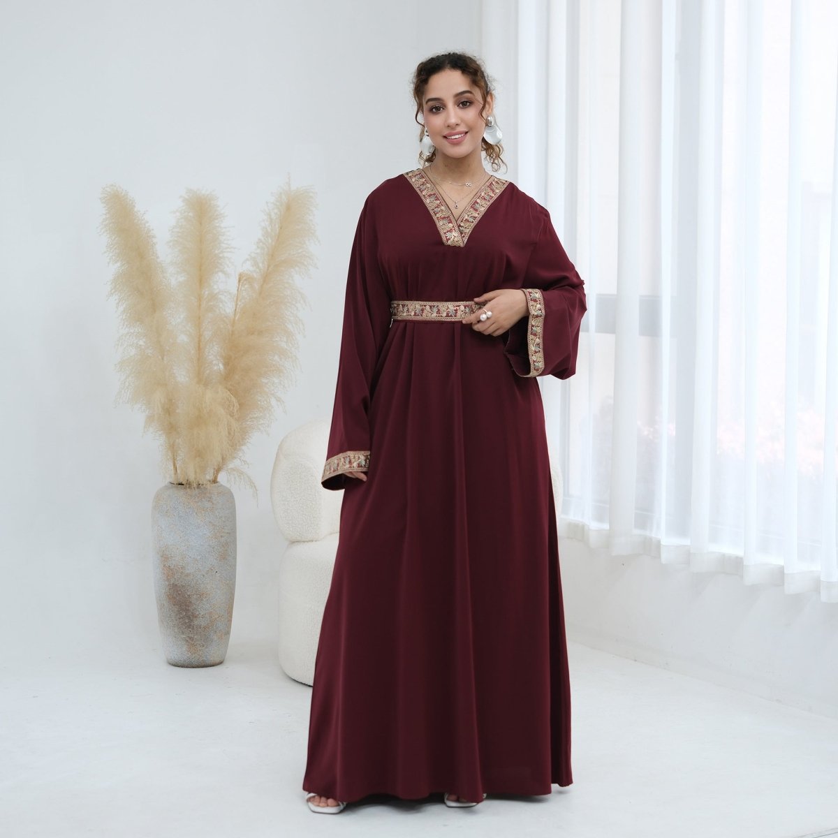 Floral Embroidered V-Neck Nida Maxi Dress(MA448) - Pendo Store