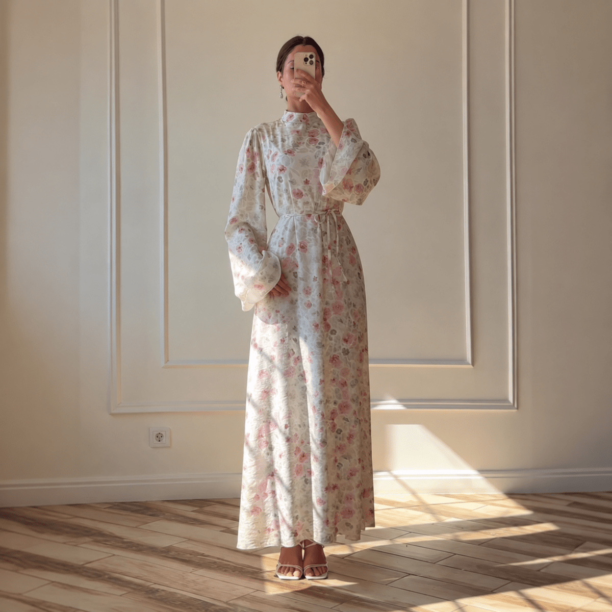 Floral Print Flared-Sleeve Waist Belt Maxi Dress(MS482) - Pendo Store