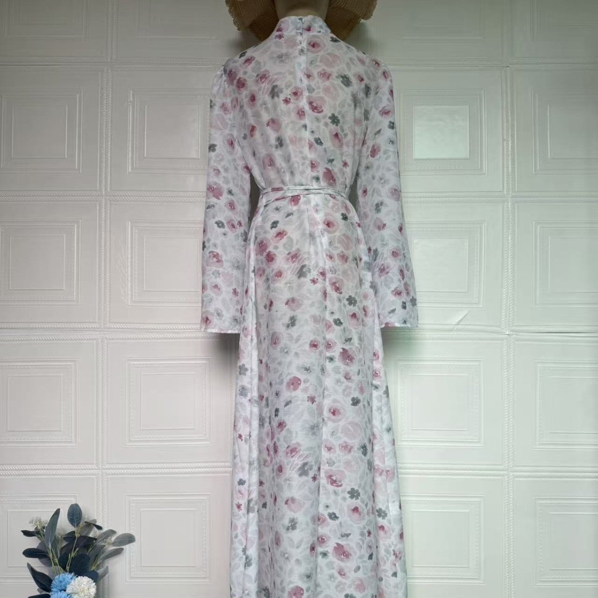 Floral Print Flared-Sleeve Waist Belt Maxi Dress(MS482) - Pendo Store