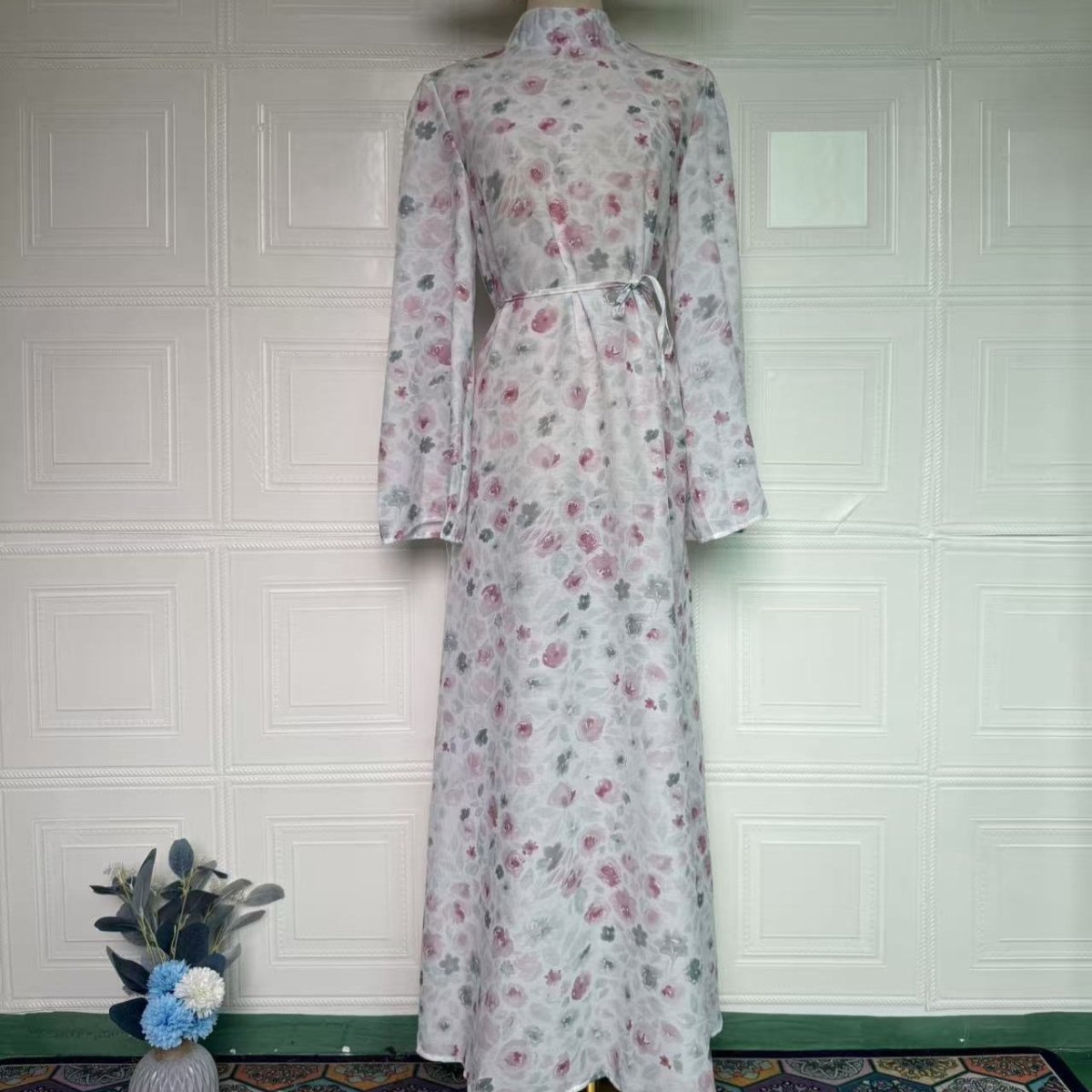 Floral Print Flared-Sleeve Waist Belt Maxi Dress(MS482) - Pendo Store