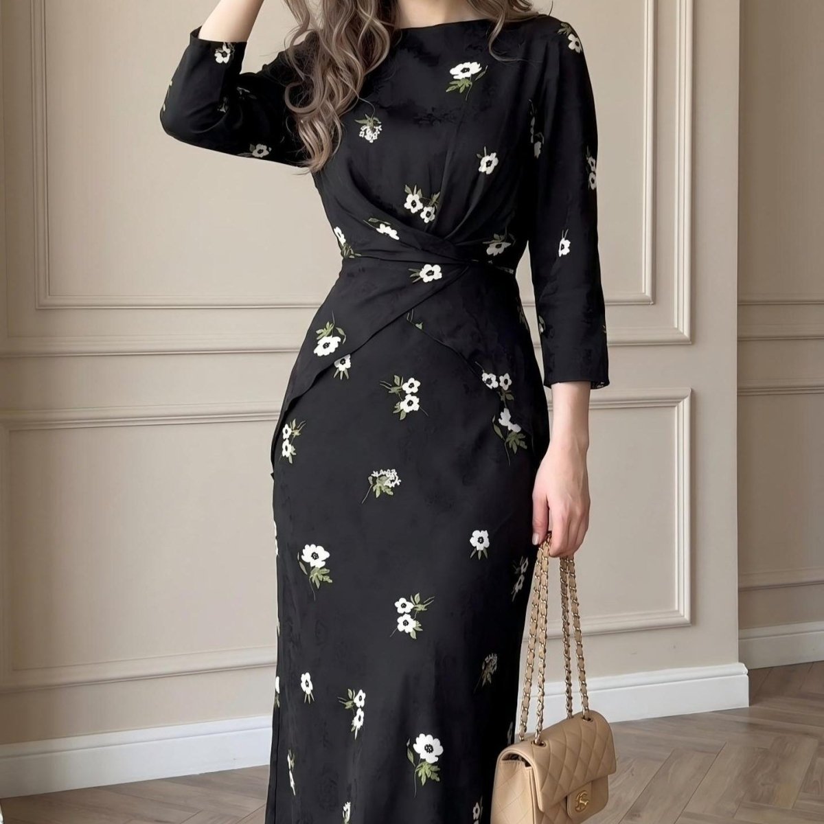 Floral Print Twist-Front Midi Dress(MS463) - Pendo Store