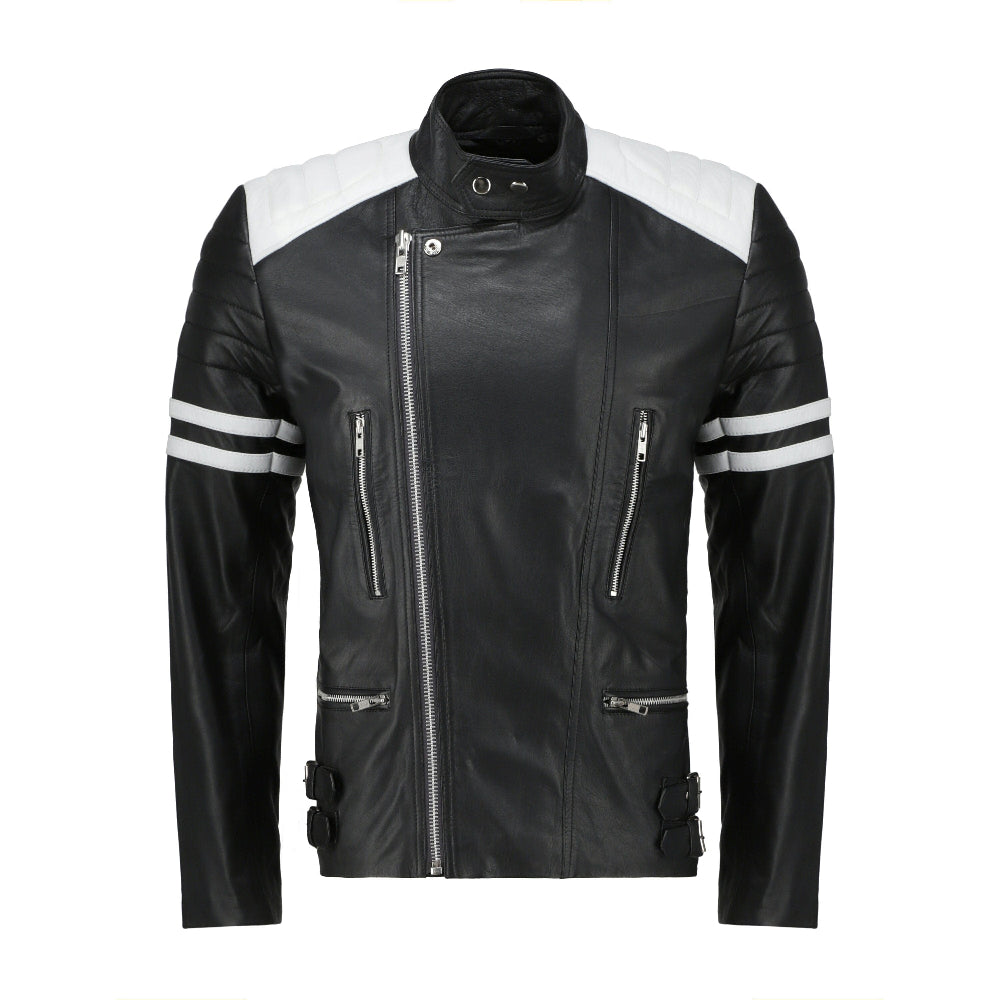 White and Black Biker Leather Jacket