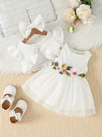 Infant Summer Floral Vest Mesh Dress Jacket Set with Hair Accessories - Pendo Store