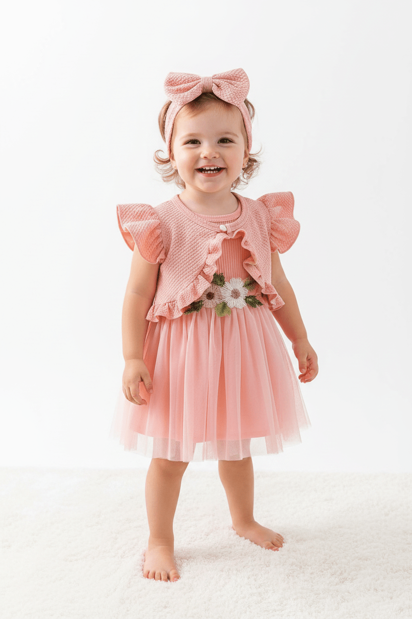 Infant Summer Floral Vest Mesh Dress Jacket Set with Hair Accessories - Pendo Store