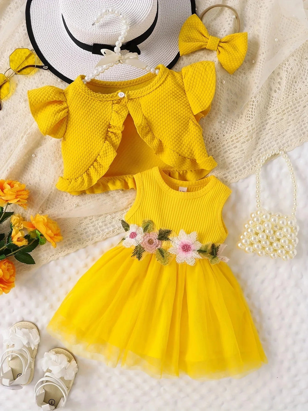 Infant Summer Floral Vest Mesh Dress Jacket Set with Hair Accessories - Pendo Store