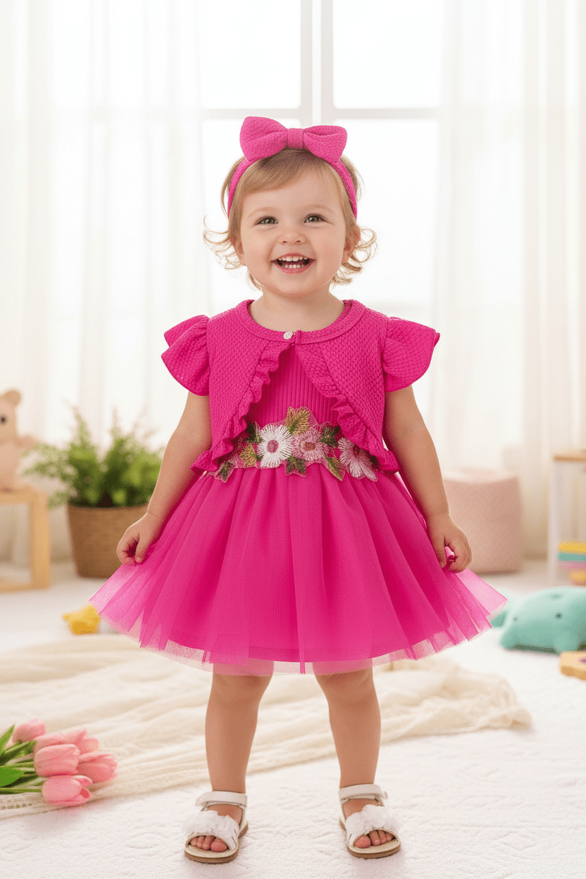 Infant Summer Floral Vest Mesh Dress Jacket Set with Hair Accessories - Pendo Store