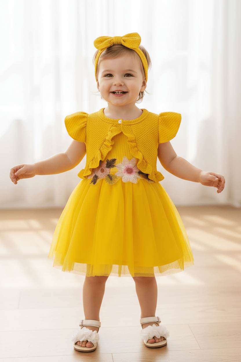 Infant Summer Floral Vest Mesh Dress Jacket Set with Hair Accessories - Pendo Store