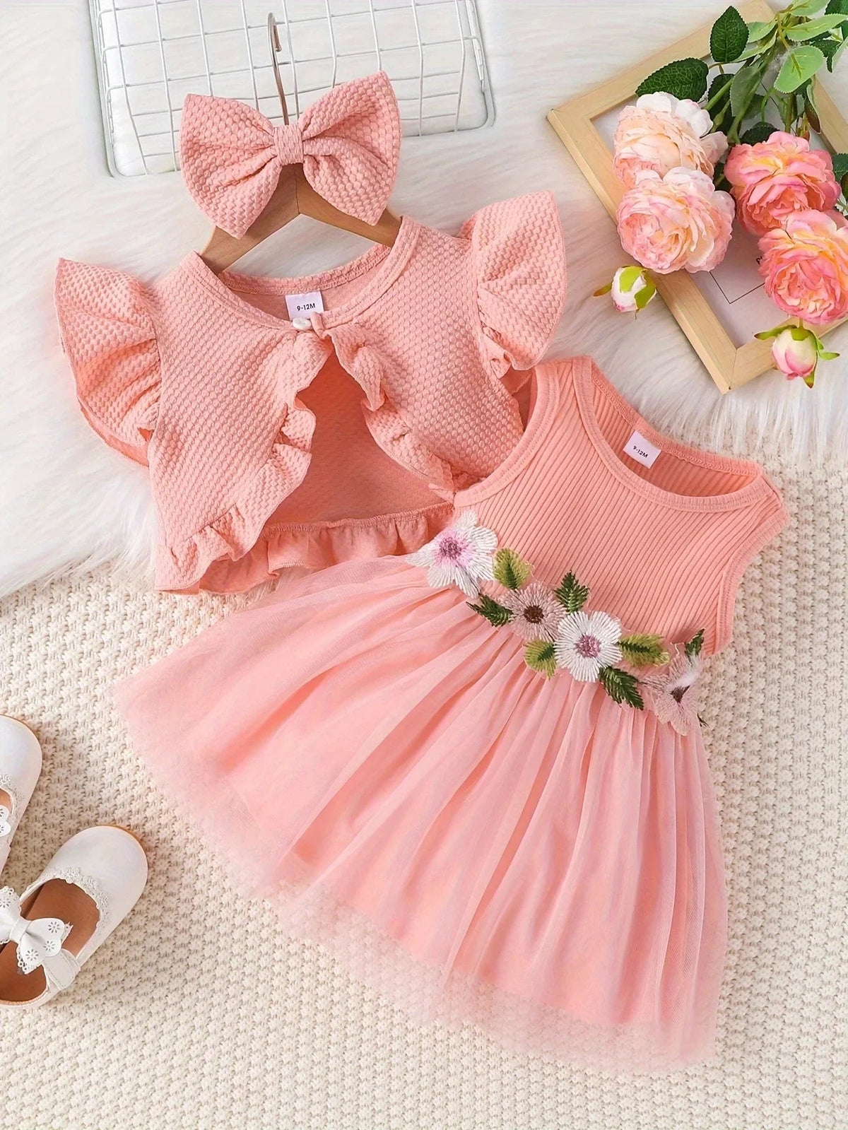 Infant Summer Floral Vest Mesh Dress Jacket Set with Hair Accessories - Pendo Store