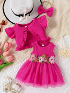 Infant Summer Floral Vest Mesh Dress Jacket Set with Hair Accessories - Pendo Store