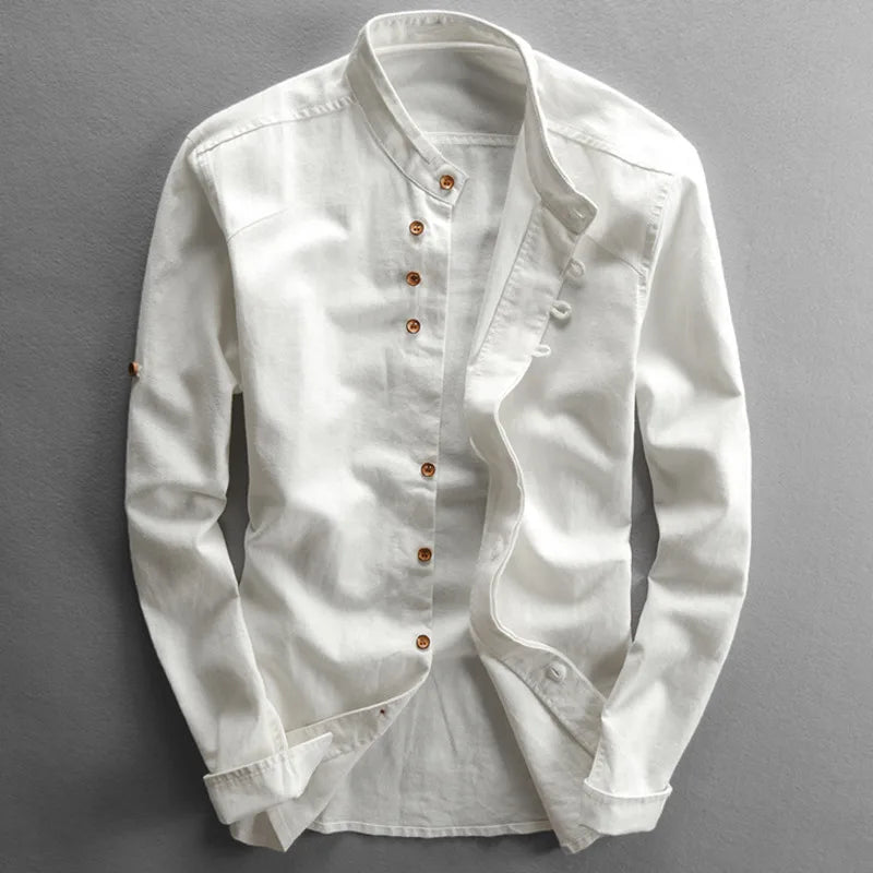 Japan Style Mens Linen Cotton Shirt Harajuku Stand Collar Long Sleeve Slim Fit Solid Color Male Casual Breathable Classical Tops - Pendo Store