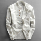 Japan Style Mens Linen Cotton Shirt Harajuku Stand Collar Long Sleeve Slim Fit Solid Color Male Casual Breathable Classical Tops - Pendo Store