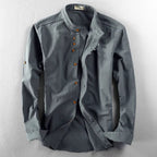 Japan Style Mens Linen Cotton Shirt Harajuku Stand Collar Long Sleeve Slim Fit Solid Color Male Casual Breathable Classical Tops - Pendo Store