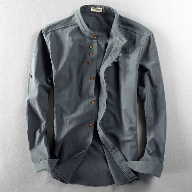 Japan Style Mens Linen Cotton Shirt Harajuku Stand Collar Long Sleeve Slim Fit Solid Color Male Casual Breathable Classical Tops - Pendo Store