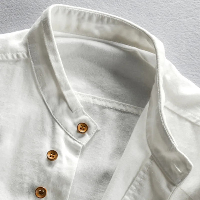 Japan Style Mens Linen Cotton Shirt Harajuku Stand Collar Long Sleeve Slim Fit Solid Color Male Casual Breathable Classical Tops - Pendo Store