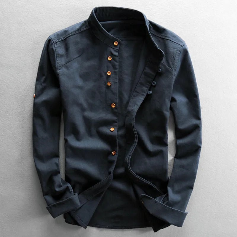 Japan Style Mens Linen Cotton Shirt Harajuku Stand Collar Long Sleeve Slim Fit Solid Color Male Casual Breathable Classical Tops - Pendo Store