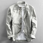 Japan Style Mens Linen Cotton Shirt Harajuku Stand Collar Long Sleeve Slim Fit Solid Color Male Casual Breathable Classical Tops - Pendo Store