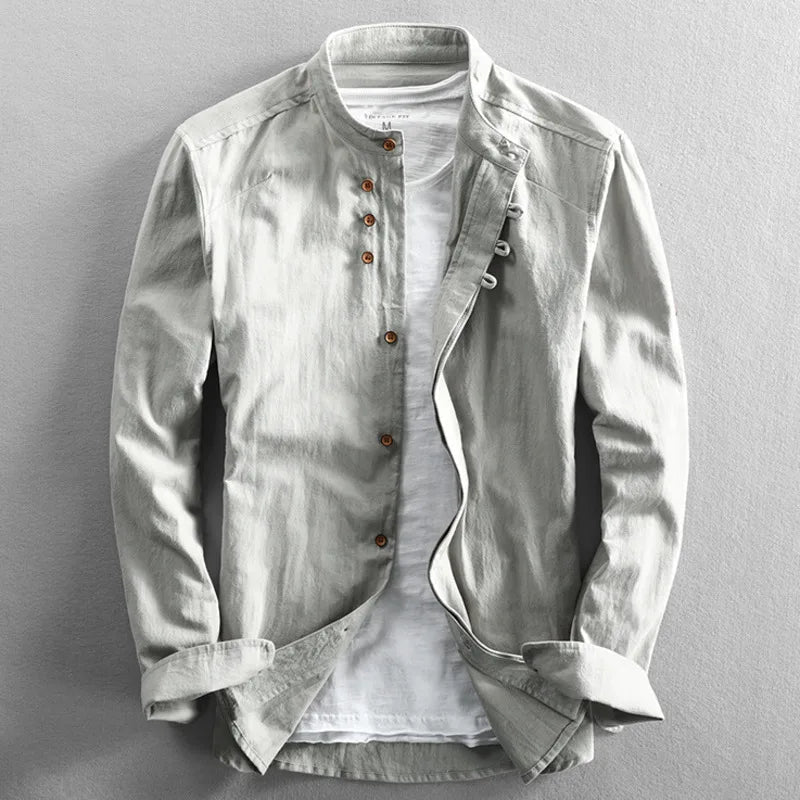 Japan Style Mens Linen Cotton Shirt Harajuku Stand Collar Long Sleeve Slim Fit Solid Color Male Casual Breathable Classical Tops - Pendo Store