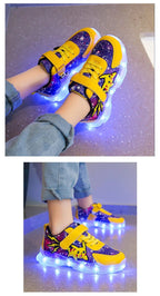 Kid’s Casual Shoes Boys Rechargeable Cartoon PU Leather Spring Fashion Flat Bottom Anti-slip Sneakers Yellow Size 25-36 - Pendo Store