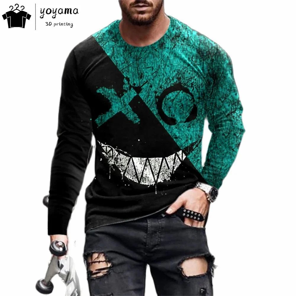 Men’s Casual Long Sleeve O-Neck T-shirt with Funny Pattern Print - Harajuku Street Fashion Top - Pendo Store